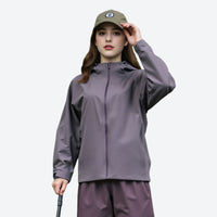 
                  
                    Women's hooded hardshell with slim waist fit - lavender mauve jacket front and lifestyle views, for everyday outdoor wear
                  
                