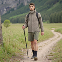 
                  
                    Men's insulated softshell with hood - khaki taupe jacket views, on-model side view, for travel and active lifestyles
                  
                