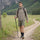 Men's insulated softshell with hood - khaki taupe jacket views, on-model side view, for travel and active lifestyles