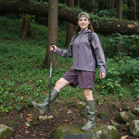 
                  
                    Waterproof fitted hiking jacket for women - lavender mauve jacket front and lifestyle views, on-model side view
                  
                
