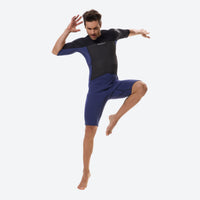 
                  
                    Men's short-sleeve full-leg wetsuit - blue men's wetsuit views, on-model back hood view, for snorkeling and swimming
                  
                