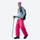 Breathable 650+ fill power duck down snow pants - pink down pants with blue top and pink beanie, walking view