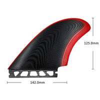 
                  
                    Honeycomb carbon quad fins Futures system - red black quad fin set views and dimensions, for advanced surfers
                  
                