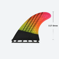 
                  
                    Honeycomb carbon tri-fin Futures system - pink orange yellow gradient thruster fin set views, for surfing in most conditions
                  
                
