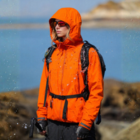 
                  
                    Lightweight hooded rain jacket for women - close-up detail shots, on-model hood side view, for rain and wind protection
                  
                