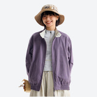 
                  
                    Dual-side wear softshell with stand collar - cardamom purple dual-side jacket A and B side views, on-model front view
                  
                