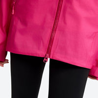 
                  
                    Lightweight waterproof hooded jacket for women - lime green and purple color variants side and back views, on-model back view
                  
                