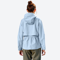 
                  
                    Waterproof fitted hiking jacket for women - light blue jacket front and lifestyle views, on-model back hood view
                  
                