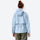 Waterproof fitted hiking jacket for women - light blue jacket front and lifestyle views, on-model back hood view