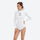 Women's front-zip wetsuit for surfing - high-neck white wetsuit front and detail views, for cold water activities