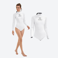 
                  
                    Coral women's 2.5mm one-piece wetsuit - high-neck white wetsuit front and detail views, for beach and ocean adventures
                  
                