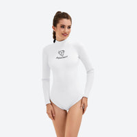
                  
                    White neoprene diving suit with black trim - high-neck white wetsuit front and detail views, for swimming and diving
                  
                