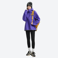 
                  
                    Women's 3L rain jacket under 300g - lime green and purple color variants side and back views, on-model hood side view
                  
                