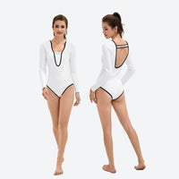 
                  
                    Women's front-zip wetsuit for surfing - high-neck white wetsuit front and detail views, for swimming and diving
                  
                