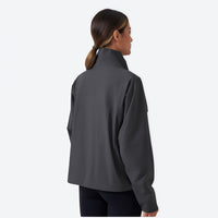 
                  
                    Women's fleece softshell jacket with stand collar - gray and teal color variants front views, for cool weather protection
                  
                