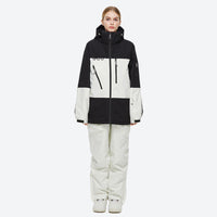 
                  
                    Unisex snowboard jacket and bibs set - black and white colorblock jacket with black pants, for skiing and snowboarding
                  
                