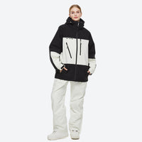 
                  
                    Unisex snowboard jacket and bibs set - black and white colorblock jacket with black pants, for cold-weather winter sports
                  
                