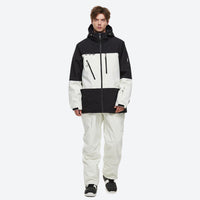
                  
                    Unisex snowboard jacket and bibs set - black and white colorblock jacket with white pants, hem snow gaiters keep snow out
                  
                