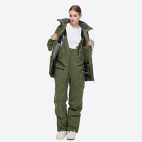 
                  
                    Unisex waterproof 2L snow jacket and bib pants - olive green and white colorblock jacket with olive pants
                  
                