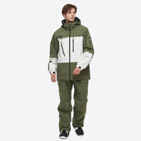 
                  
                    Unisex snowboard jacket and bibs set - olive green jacket with olive pants, for powder and piste riding
                  
                