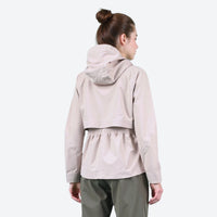 
                  
                    Waterproof fitted hiking jacket for women - light pink beige jacket front and lifestyle views, on-model back view
                  
                
