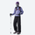 Breathable 650+ fill power duck down snow pants - black down pants with lavender top and face mask, full-body front view