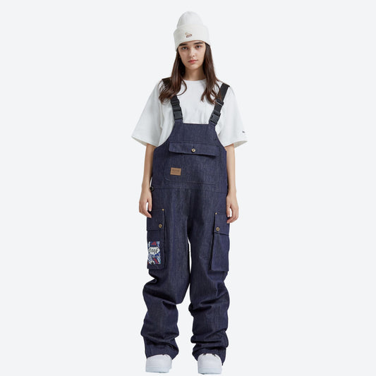 Breathable waterproof jean-style suspender ski pants - navy denim bib snow pants with white tee, for resort and street wear