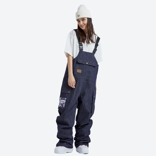 Unisex denim print snowboard bibs with pockets - navy denim bib snow pants with white tee, for powder and piste riding