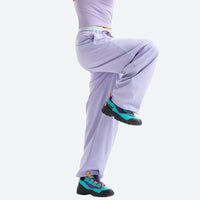 
                  
                    Women's knit cargo hiking pants with relaxed fit - purple knit cargo pants with brown top, for travel and city walks
                  
                