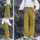 Breathable warm trail pants with soft fleece lining - yellow fleece-lined hiking pants with blue top