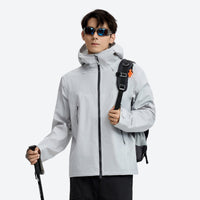 
                  
                    Lightweight waterproof hooded jacket for men - black color variant front views, for hiking and mountain adventures
                  
                