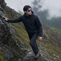 
                  
                    Men's technical hardshell with hood - black color variant front and side views, for hiking and mountain adventures
                  
                