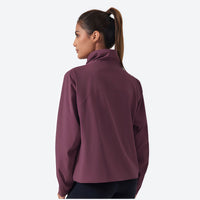 
                  
                    Women's fleece softshell jacket with stand collar - purple and white color variants side and back views
                  
                