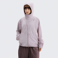 
                  
                    Lavender cloud-fleece hooded outdoor jacket hooded view
                  
                