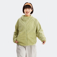 
                  
                    Gray cloud-fleece hooded outdoor jacket model view
                  
                