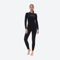
                  
                    Men's and women's full neoprene wetsuit - women's black wetsuit views, on-model front view, for snorkeling and swimming
                  
                