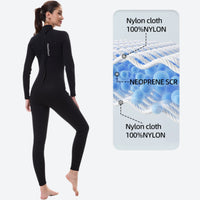
                  
                    Unisex 3mm long-sleeve wetsuit - women's black wetsuit views, on-model back hood view, for snorkeling and swimming
                  
                