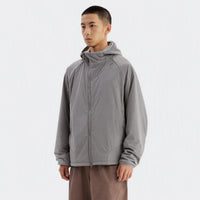 
                  
                    Gray cloud-fleece hooded outdoor jacket rear view
                  
                