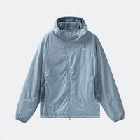 
                  
                    Light blue cloud-fleece hooded outdoor jacket back view
                  
                