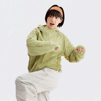 
                  
                    Gray cloud-fleece hooded outdoor jacket side view
                  
                