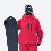 
                  
                    Waterproof snow jacket and pants set - cream, on-model front with snowboard and backpack, for powder and piste riding
                  
                