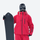Waterproof snow jacket and pants set - cream, on-model front with snowboard and backpack, for powder and piste riding