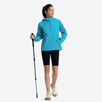 
                  
                    Lightweight waterproof jacket for hiking - teal turquoise jacket front and lifestyle views, on-model hood side view
                  
                