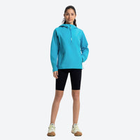 
                  
                    Haze women's waterproof hooded jacket - teal turquoise jacket front and lifestyle views, for hiking and outdoor adventures
                  
                