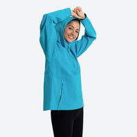 
                  
                    Women's half-zip rain jacket with hood - teal turquoise jacket front and lifestyle views
                  
                