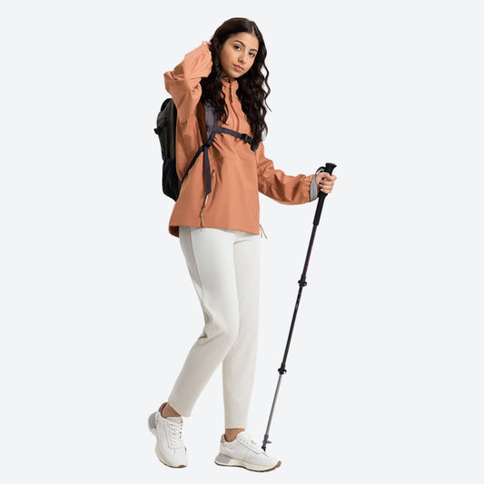 Lightweight waterproof jacket for hiking - terracotta salmon jacket front and lifestyle views