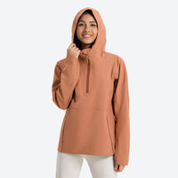 
                  
                    Women's half-zip rain jacket with hood - terracotta salmon jacket front and lifestyle views, on-model back view
                  
                
