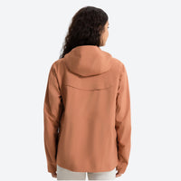 
                  
                    Lightweight waterproof jacket for hiking - terracotta salmon jacket front and lifestyle views, on-model back hood view
                  
                