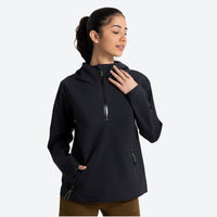 
                  
                    Haze women's waterproof hooded jacket - black jacket front and lifestyle views, for everyday urban wear and travel
                  
                