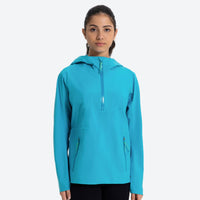 
                  
                    Women's half-zip rain jacket with hood - black jacket front and lifestyle views, for everyday urban wear and travel
                  
                